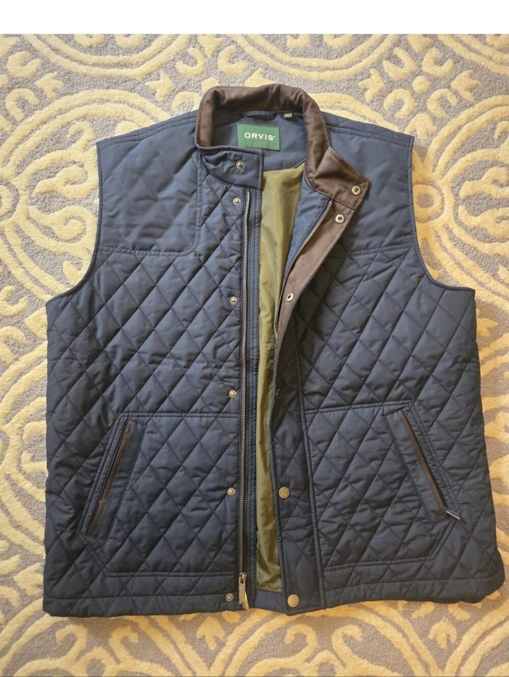 Mens Orvis Quilted Navy Vest with Brown Trim and Olive Lining - Xl
